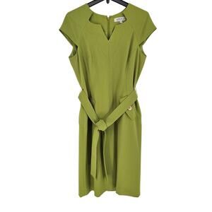 Kasper Spring Green Belted Cap Sleeve Knee Length V-Neck Office Sheath Dress 10